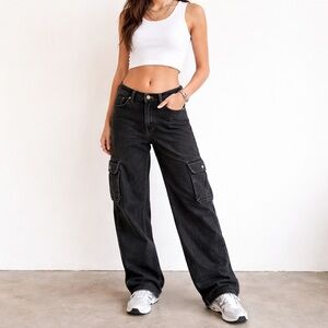 Madewell Low Slung Black Cargo Jeans Wide Leg Size 24 Y2K Utility